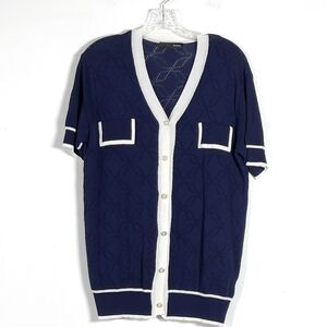 Womens Cardigan Knit Top Womens Sz M Navy Blue Short Sleeve Button Retro